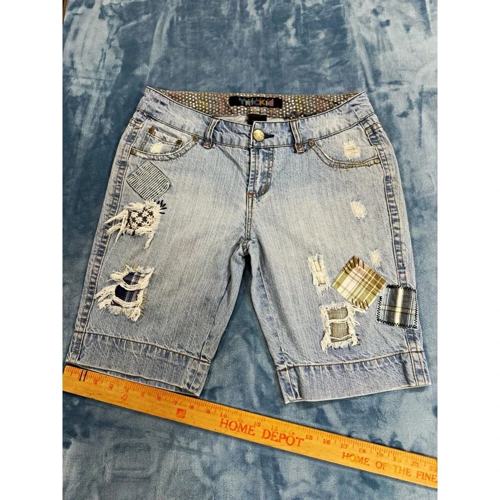 Vintage Something Trickie Y2K Patchwork Denim Shorts Distressed Plaid Size 9